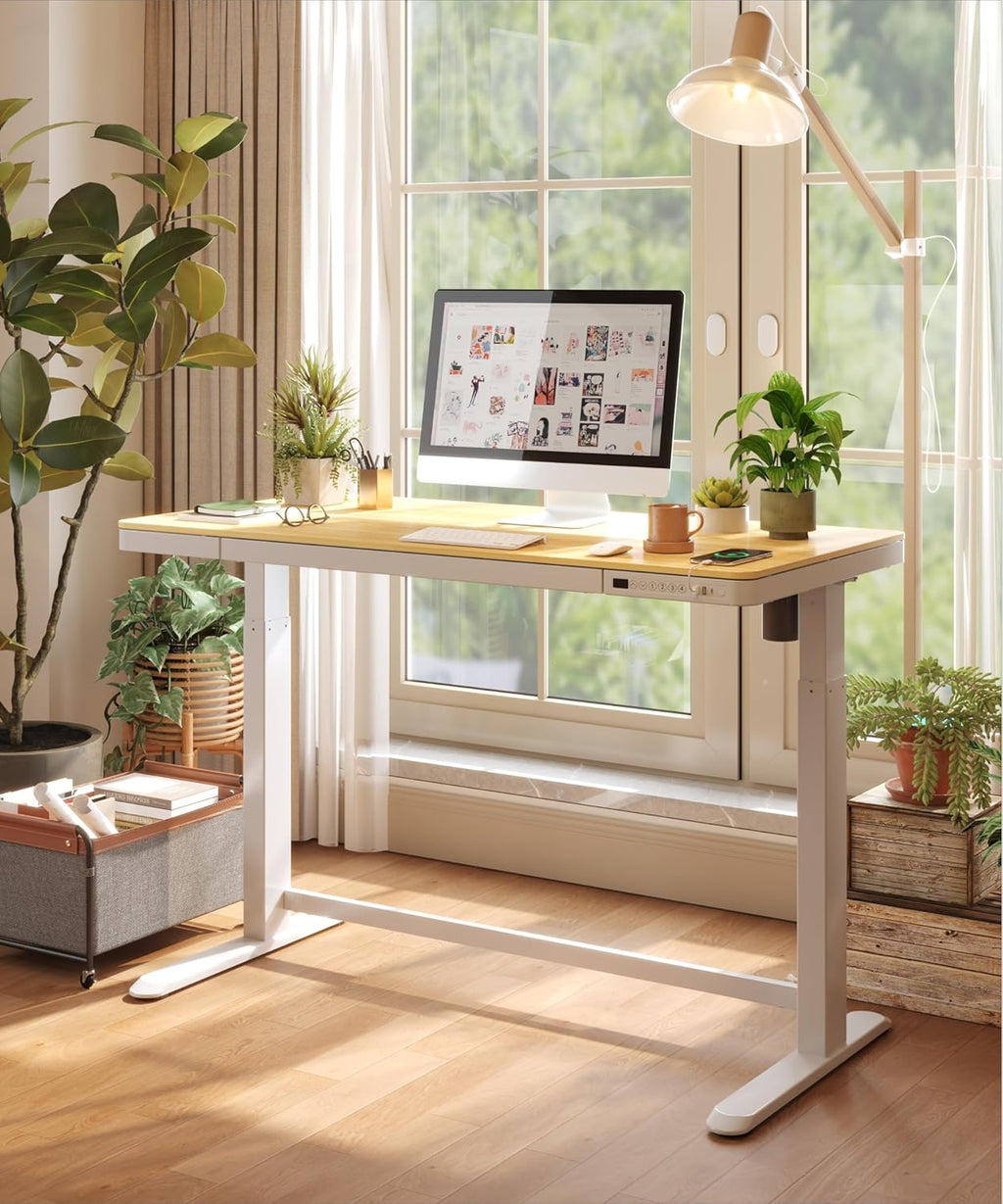 Standing Desk with Drawer, Electric Height Adjustable Home Office Desk with Storage & USB Ports, 48 inch Bamboo Texture Tabletop/White Frame