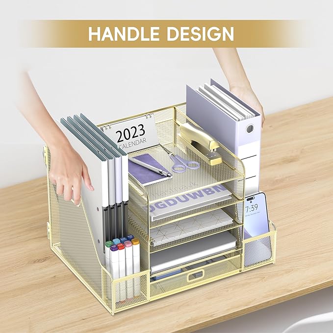SUPEASY Mesh Desk Organizer with File Holder, 5-Tier Paper Letter Tray Organizer with Magazine Holder, Desktop Organizer and Storage with Drawer for Office Supplies Home or School, Gold