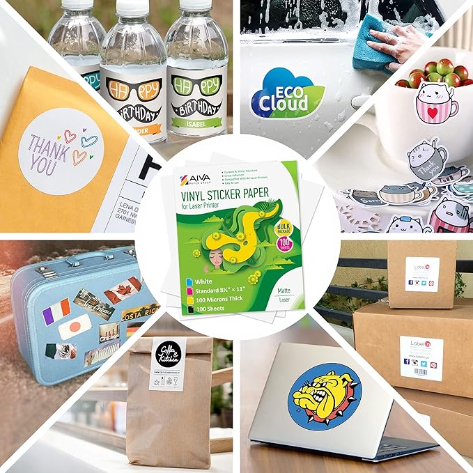 Printable Vinyl Sticker Paper for Laser Printer - Matte White - 100 Self-Adhesive Sheets - Waterproof Decal Paper - Standard Letter Size 8.5"x11"