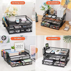 Marbrasse 3 Tier Mesh Desk Organizer with Drawer, Multi-Functional Desk Organizers and Accessories, Paper Letter Organizer with 2 Pen Holder for Home Office Supplies (Black)