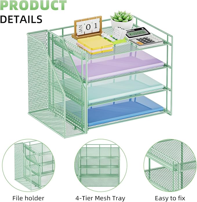 Marbrasse Desk Organizer and Accessories，4-Tier Paper Letter Tray Organizer with File Holder，Desk Accessories & Workspace Desktop Organizers for School Home Office Supplies (Green)
