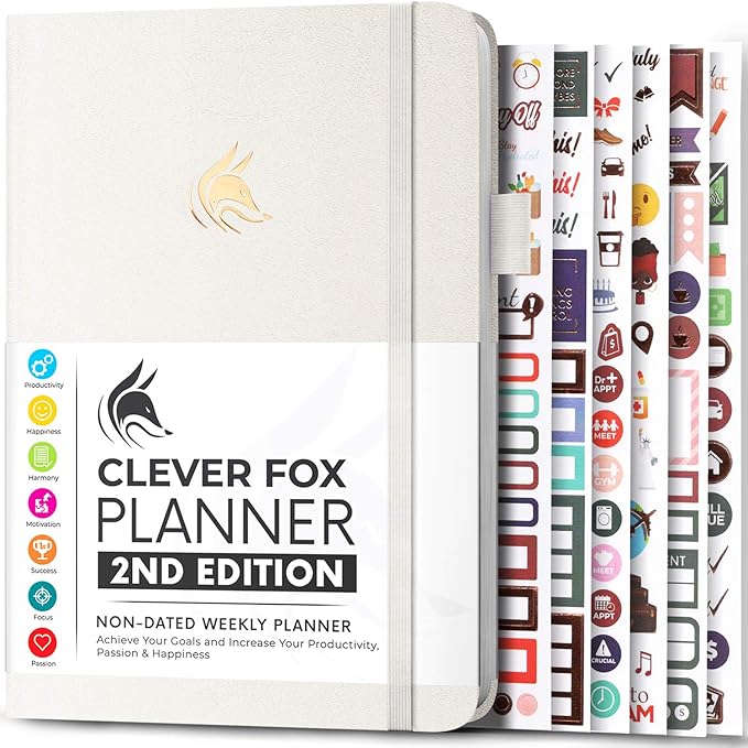 Clever Fox Planner 2nd Edition – Colorful Weekly & Monthly Goal Planner, Time Management & Productivity Organizer, Undated, A5 (White)