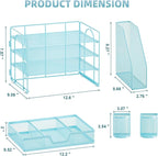 Marbrasse Desk Organizer and Accessories，4-Tier Paper Letter Tray Organizer with File Holder, Desk Accessories & Workspace Organizers with Drawer and 2 Pen Holder (Blue, 15.4" x 9.1" x 8.3")