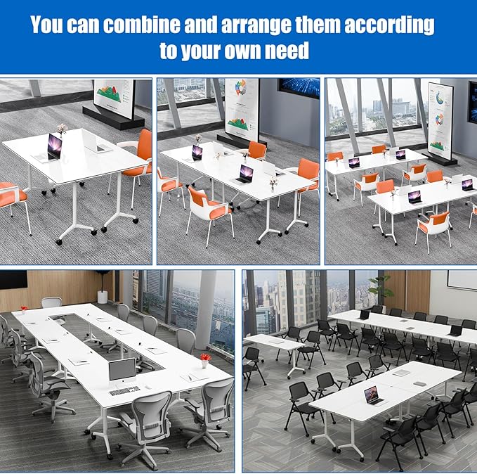 Conference Table, Folding Conference Desk Modern White, Seminar Table with Wheels, 2-10 People for Office, Meeting Break Room(4, 1915, 61IN)