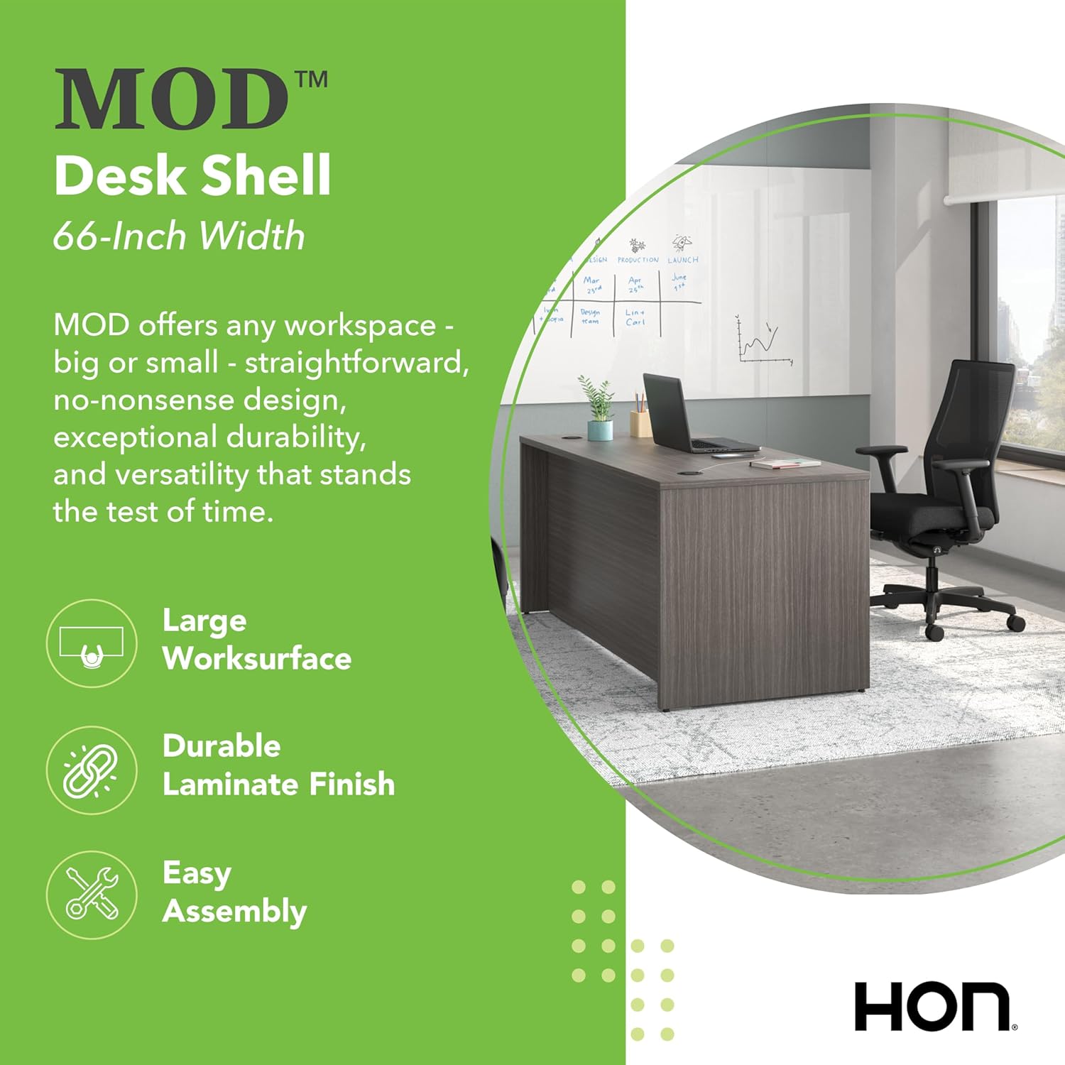 HON MOD Executive Desk 66-Inch Large Computer Desk Shell, Thick Wooden Laminate, Modern Table with Cord Management, 66" W x 30" D x 29" H, Slate Teak