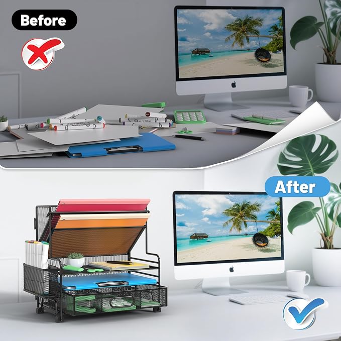 5 Tier Desk Organizer with Drawer & Pen Holders, Desk File Organizer Letter Tray Paper Organizer, Black