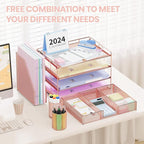 Desk Organizer and Accessories, 4-Tier Desktop File Organizer with Drawer and 2 Pen Holders, Office Desk Accessories for Office Supplies(Rose Gold)