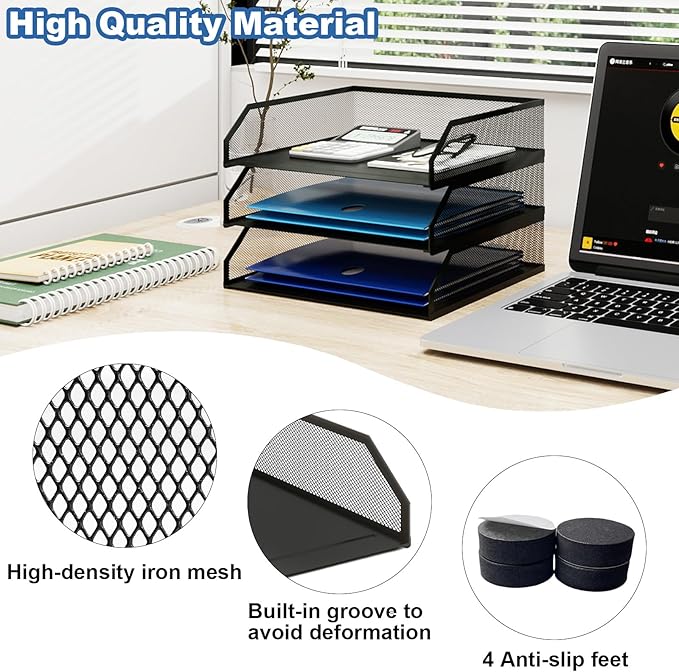 Natwind 3-Tier Stackable Paper Tray, Metal Mesh Desktop Organizer, A4 Desk Organizer, Stackable Letter Trays, File Folder Sorter Organizer with Sliding Tray for Home, Office, School (Black)