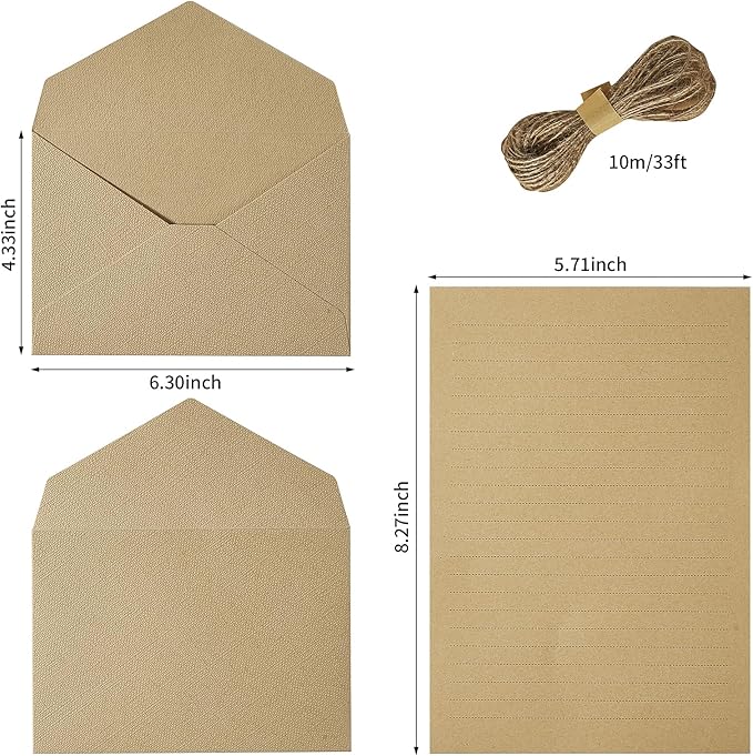 Tuhangcc Stationery Writing Paper and Envelopes Set with Jute Rope 4 X 6 for Writing Letter, (20 Best Paper with 10 Heavyweight envelopes),by Better Gift Office Products(Brown)