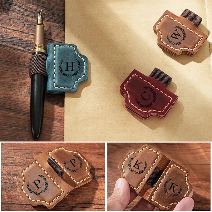 Artlaza Personalized Magnetic Leather Bookmark with Pen Holder - 26 Letters Custom Book Mark with Name Initial Engraved Book Marker for Readers, Book Lovers, Travelers - Gift for Women & Men(Green，E