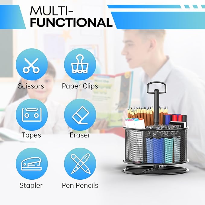 360-Degree Rotating Pen Holder for Desk, Mesh Pencil Organizer Multi-Functional Pen Holder, 4 Compartments Desktop Stationary Organizer, Home Office Black