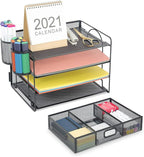 Marbrasse Desk Organizer and Accessories4-Tier Paper File Letter Tray Accessories & Workspace Desk Organizers with Drawer and 2 Pen Holders for School Home Office Supplies (Black)