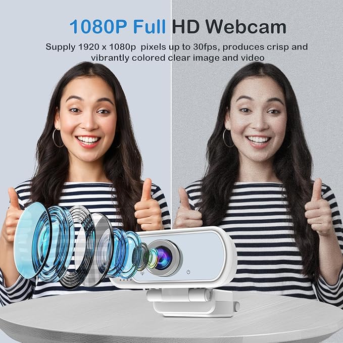 1080p White Webcam with Microphone, USB Web Camera 110-Degree View Angle Computer Camera,Webcam Tripod/Privacy Cover/USB C Adapter Include,Plug and Play Web Cam for Video Conferencing Streaming
