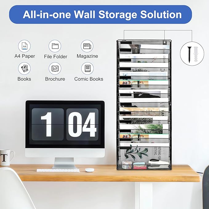 EasyPAG 14 Tier Wall File Holder with Flat Tray, Black | Easy Assemble Mesh Desk File Organizer | 13-Folder Paper Storage | Replaceable Classify Labels | Space Saving Mail Organizer for Office Home