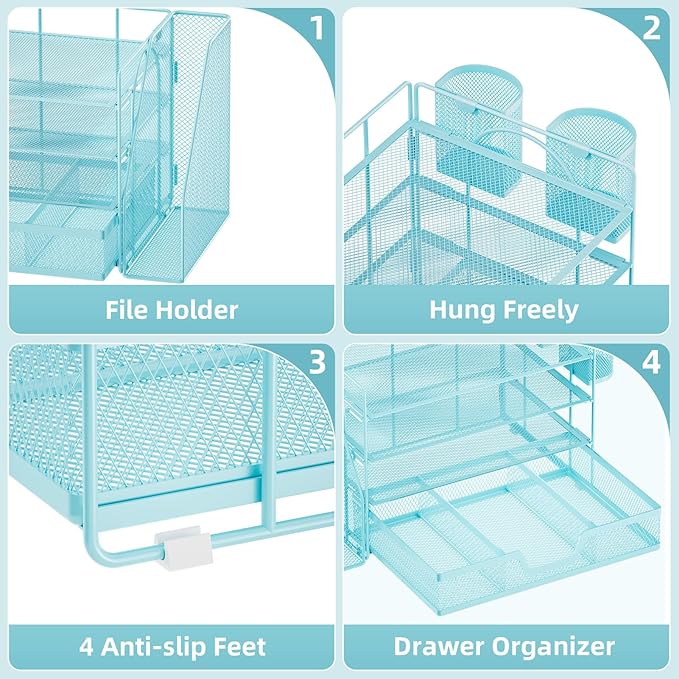 Marbrasse Desk Organizer and Accessories，4-Tier Paper Letter Tray Organizer with File Holder, Desk Accessories & Workspace Organizers with Drawer and 2 Pen Holder (Blue, 15.4" x 9.1" x 8.3")