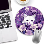 White Cat Purple Floral Mouse Pad, Small Round Mouse Pads for Desk, Kawaii Cute Mini Travel Mousepad for Wireless Computer Laptop, Office Desk Accessories, 8.6 x 8.6 inch