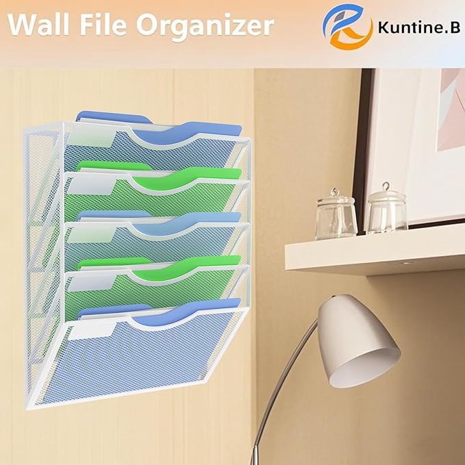 Kuntine.B Wall File Organizer Office Hanging Magazine Holder Wall File Organizer for Office Home (White, 5 Tier)