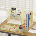 Desk Organizers and Accessories, 5-Tier Paper File Organizer with Drawer & Pen Holder, Office Desk Accessories Workspace Desktop Organizer for Office Supplies(Gold)