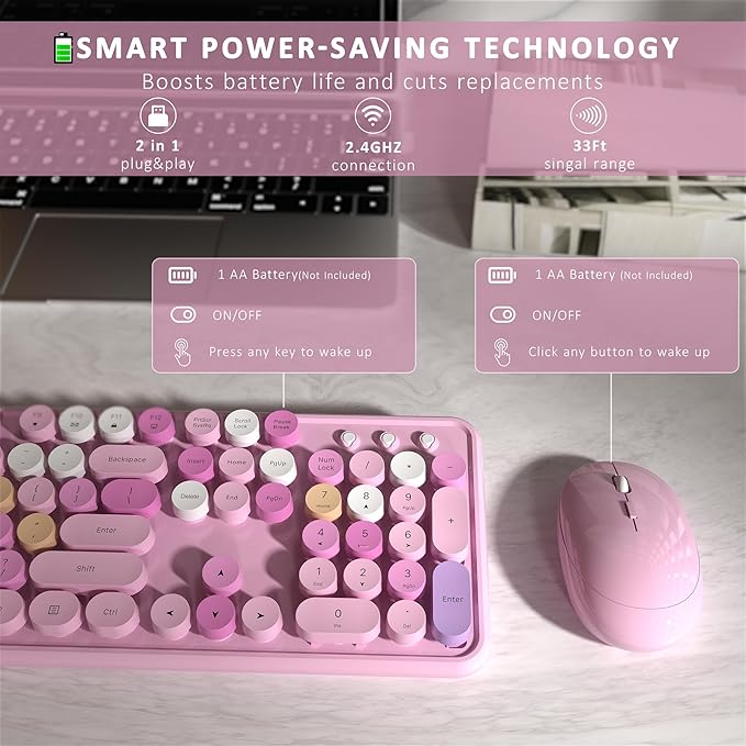 Wireless Keyboard and Mouse, Full-Size Retro Typewriter Keyboard with Round Keycaps, 2.4GHz for Windows, Mac, Laptop, PC, Desktop (Pink Colorful)