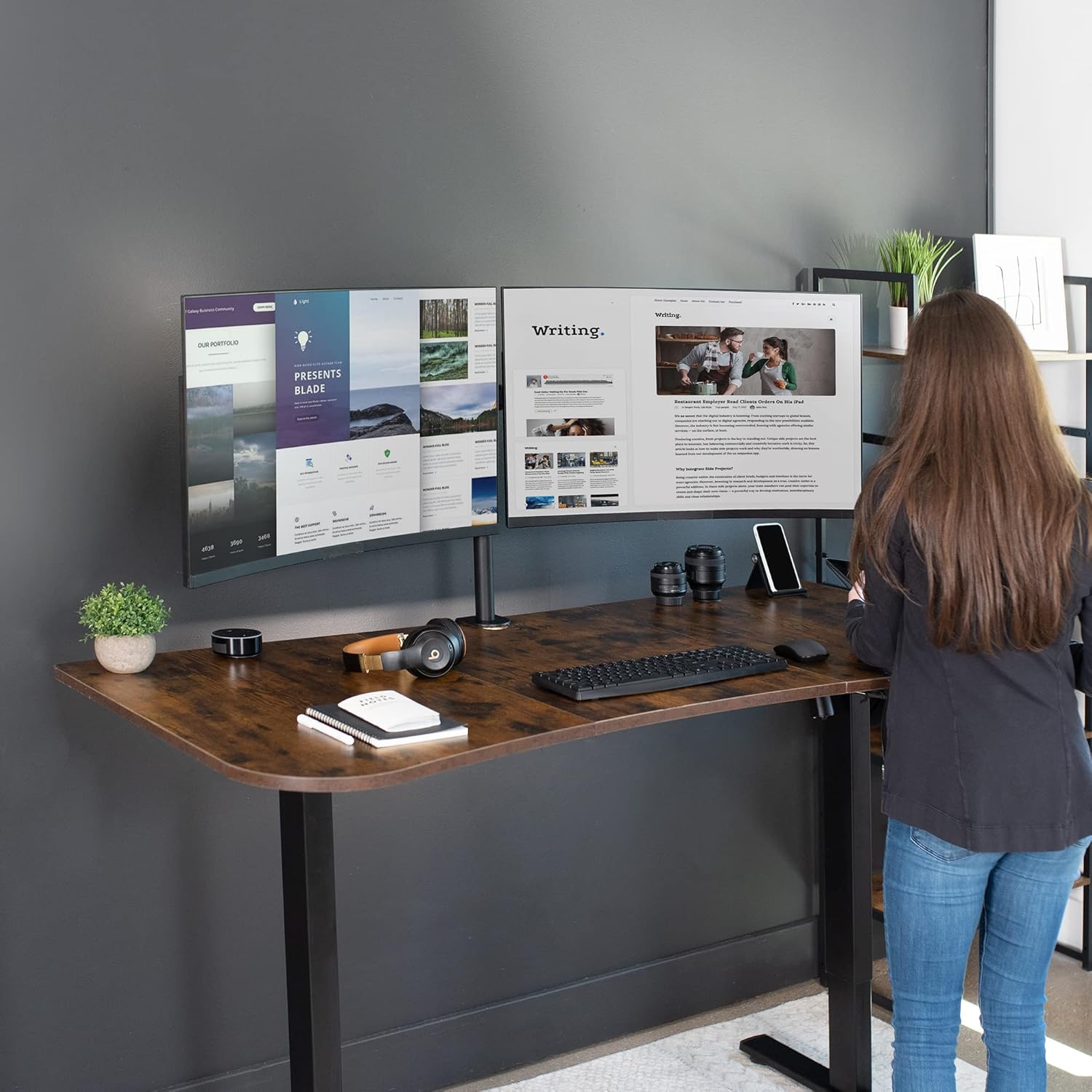 VIVO Electric 63 x 32 in Rustic Standing Desk, Memory Height Adjustment, 1B Series, Vintage Brown Top Black Frame, DESK-KIT-1B1N