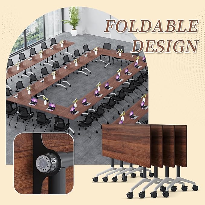 Folding Conference Room Table, Modern Conference Tables with Wheels, Large Rectangular Mobile Training Tables for Office Classroom, Foldable Modular Boardroom Seminar Table (10pack L63in)
