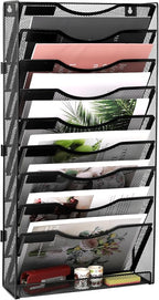EasyPAG 10 Tier Wall File Holder with Flat Tray, Black | Easy Assemble Mesh Desk File Organizer | 9-Folder Paper Storage | Replaceable Classify Labels | Space Saving Mail Organizer for Office Home