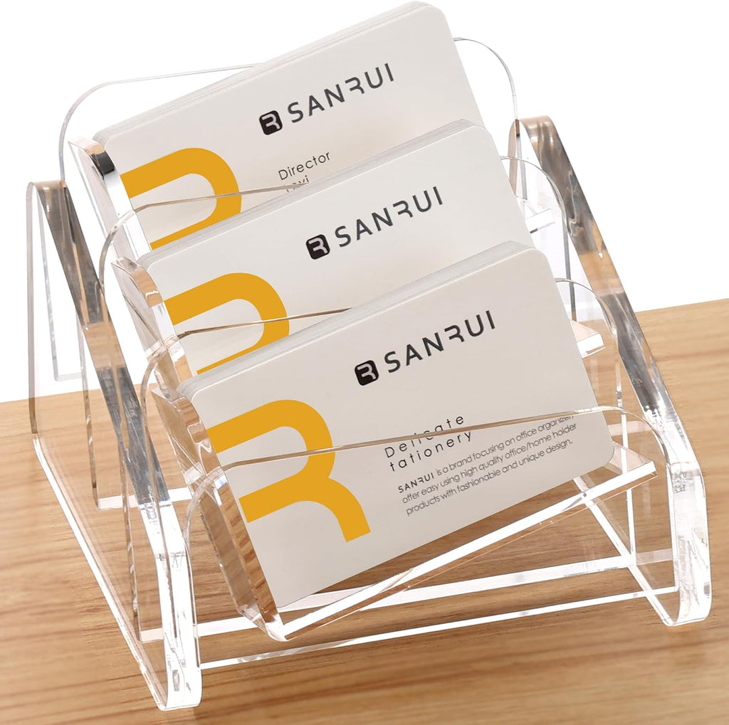SANRUI Acrylic Business Card Holder for Desk, 3 Tier Clear Tilt Business Name Card Display Holders Stand Storage Organizer Fits 180 Business Cards (Horizontal, 3-Slot)