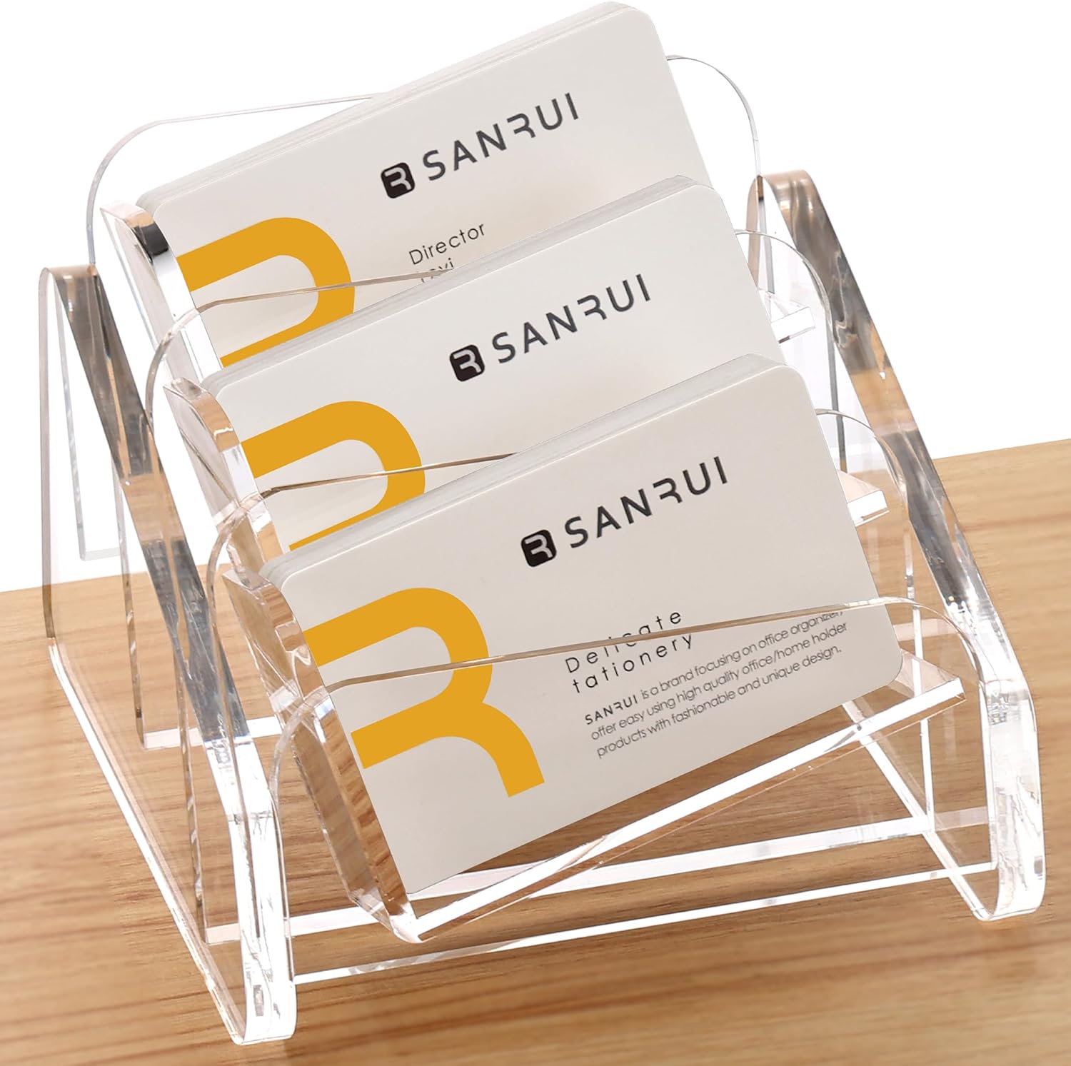 SANRUI Acrylic Business Card Holder for Desk, 3 Tier Clear Tilt Business Name Card Display Holders Stand Storage Organizer Fits 180 Business Cards (Horizontal, 3-Slot)