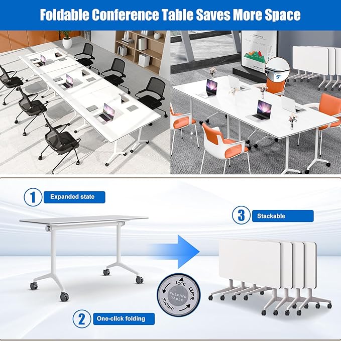 Conference Table, Folding Conference Desk Modern White, Seminar Table with Wheels, 2-10 People for Office, Meeting Break Room (2, 1915, 61IN)