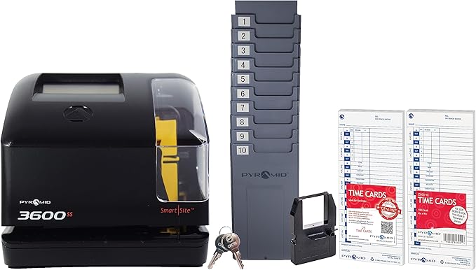 Pyramid Time Systems - 3600SSK1 Smart SiteTime Clock and Document Stamp with SmartSite LED Alignment and Tri-View Window - Includes 125 Time Cards, Time Card Rack, Ribbon, 2 Security Keys