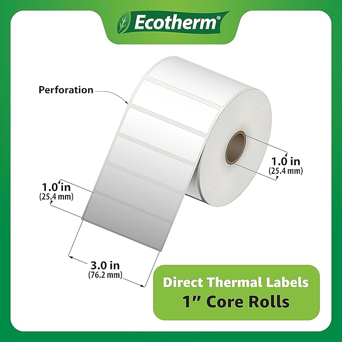 3" x 1" Thermal Labels | 4 Rolls | 5240 Labels | fits Zebra, Munbyn, Rollo, Godex, Arkscan, iDPRT, Offnova Thermal Label Printers and More | Blank White Adhesive Stickers by Ecotherm