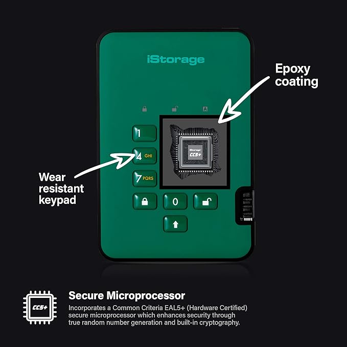 iStorage diskAshur2 HDD 1TB Green | Secure portable hard drive | Password protected | Dust & water resistant | Hardware Encryption