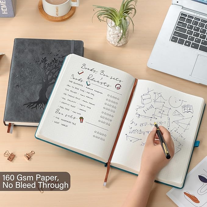 ZXHQ A5 Bullet Dotted Journal Notebook - 150gsm Thick Paper, 256 Pages, Dot Grid Hardcover, Tree of Life Design, Fine Inner Pocket - 5.9" × 8.5" Dark Grey