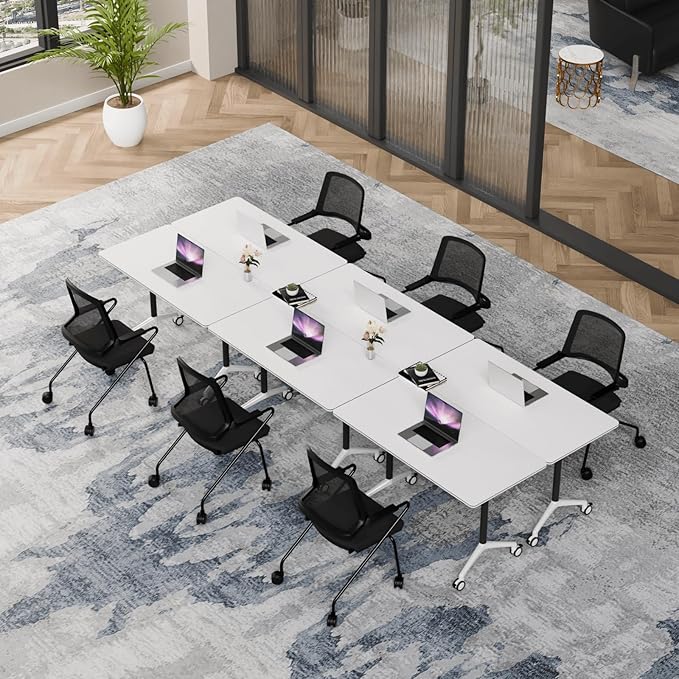 Folding Conference Table, Modern Conference Room Tables with Flip-Top Design, Foldable Conference Table Meeting Table with Wheels, Mobile Seminar Training Tables for Office Classroom (4, White 2)