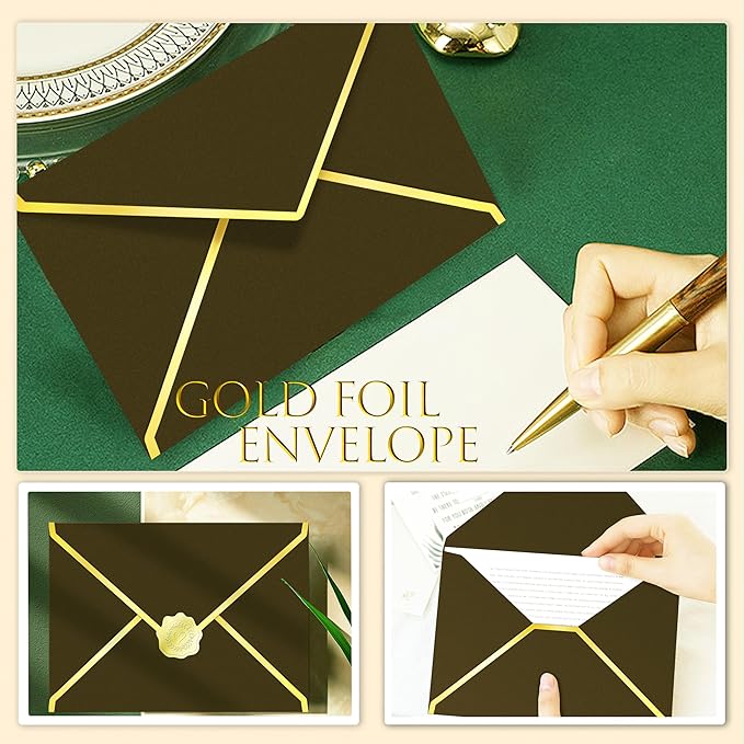 60 Pack Gold Envelopes 5x7 Bulk Tan Brown, 250G Pearled Cardstock A7 Envelopes for Invitations Business Mailing Envelope with Gold Foil Border, A6 4x6 Envelopes for Wedding Baby Shower Cards