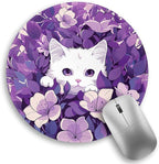 White Cat Purple Floral Mouse Pad, Small Round Mouse Pads for Desk, Kawaii Cute Mini Travel Mousepad for Wireless Computer Laptop, Office Desk Accessories, 8.6 x 8.6 inch