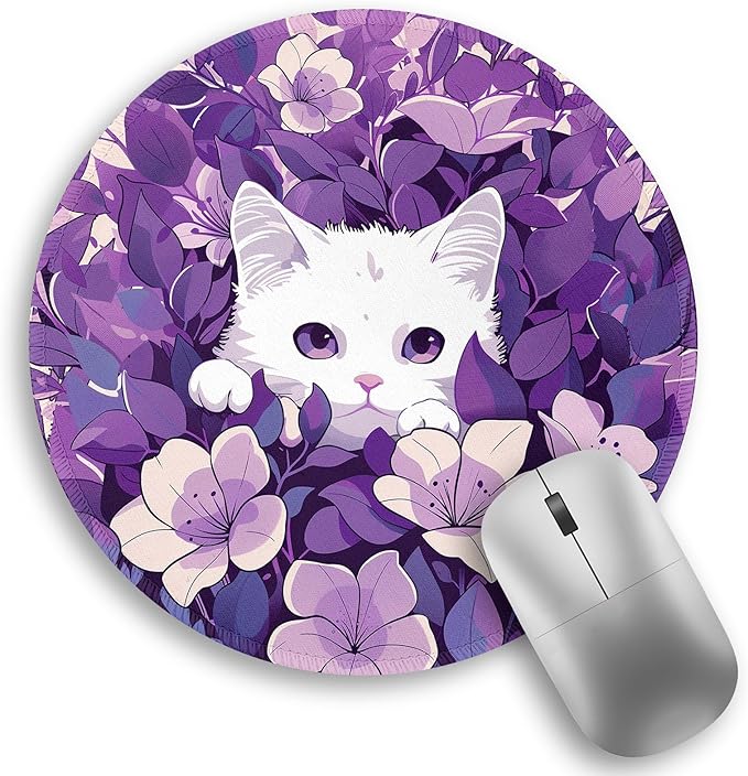 White Cat Purple Floral Mouse Pad, Small Round Mouse Pads for Desk, Kawaii Cute Mini Travel Mousepad for Wireless Computer Laptop, Office Desk Accessories, 8.6 x 8.6 inch