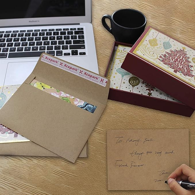 200 Qty Printable A7 Invitation Envelopes 5.25 x 7.25, Self Seal 120GSM Brown Kraft Paper Envelopes for Invitations, Papers, Photos, Documents, Wedding, Baby Shower, Easy to Seal