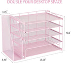 AUPSEN Pink Desk Organizers and Accessories,5-Tier Desktop Paper File Organizer with Adjustable File Holder, Office Desk Accessories for Office Supplies