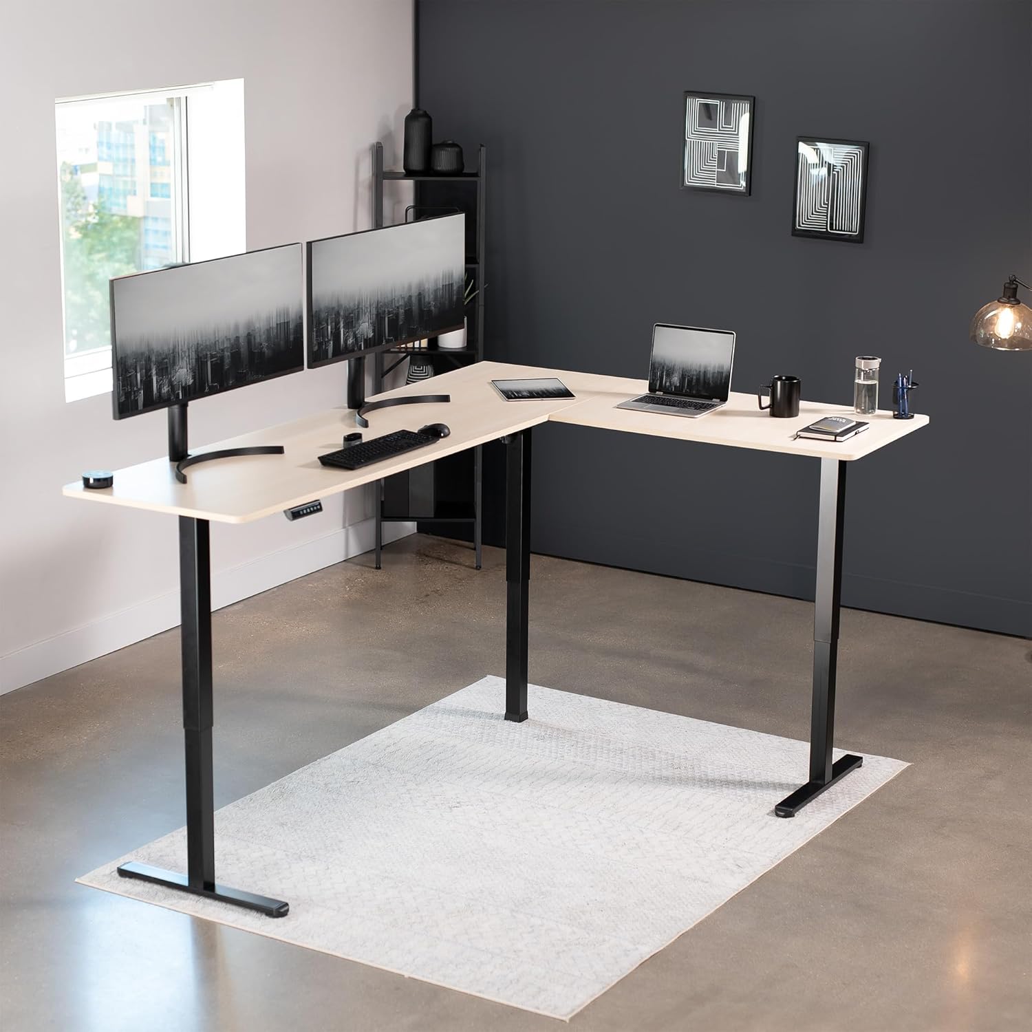 VIVO Electric Corner L-Shaped 84 x 63 in Standing Desk, Memory Height Adjustment, Light Wood Top Black Frame, DESK-E3CTBC-84