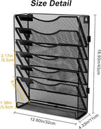 EasyPAG 7 Tier Wall File Holder with Flat Tray, Black | Easy Assemble Mesh Desk File Organizer | 6-Folder Paper Storage | Replaceable Classify Labels | Space Saving Mail Organizer for Office Home