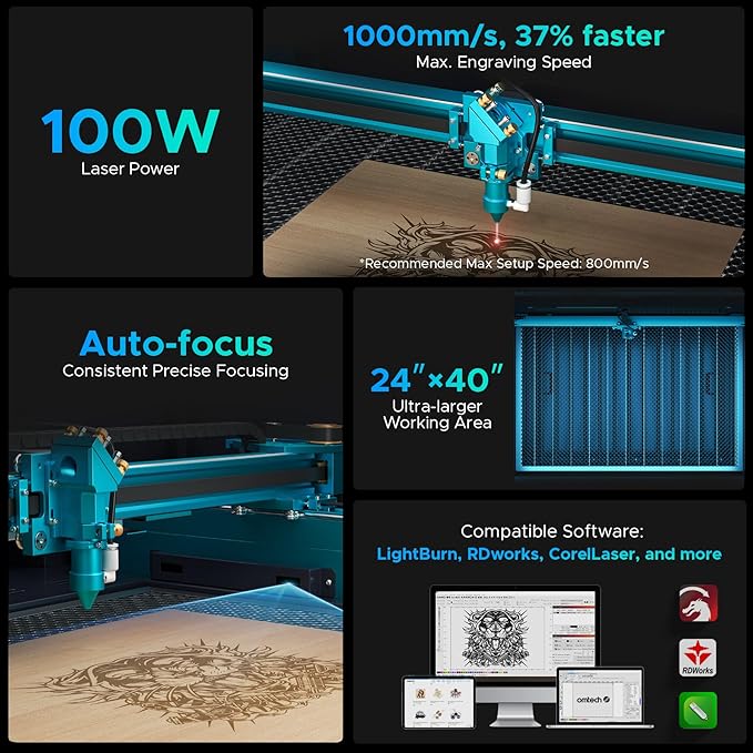 OMTech Pronto 100W CO2 Laser Engraver & Cutter – 40"x24" Workspace, 1,000mm/s Speed, Autofocus, 2-Way Pass, Air Assist, for Wood, Acrylic & More
