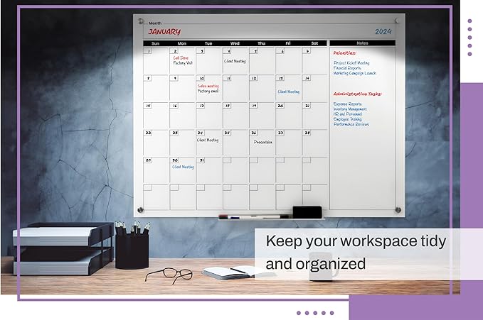 Real Glass Dry Erase Monthly Calendar, Giant Size 34" x 46", White Tempered Glass Surface, Frameless Wall Mount, with 4 Assorted Color Markers and Eraser, by Better Office Products (Bright White)