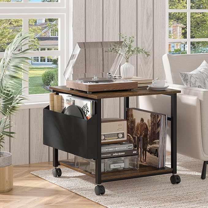 Lerliuo Large Printer Stand with Storage Shelf, 23.6 x 23.6 x 22.8 Industrial Printer Table for Home Office, Rolling Printer Cart Holder with Lockable Wheels, Mobile Mini Fridge Stand Table (Brown)