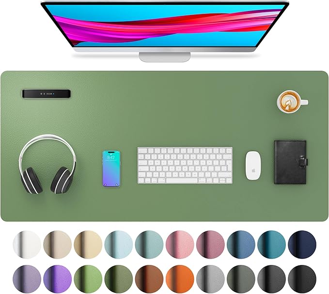 Aothia Leather Desk Pad Protector, Mouse Pad, Office Desk Mat, Non-Slip PU Leather Desk Blotter, Laptop Desk Pad, Waterproof Desk Writing Pad for Office and Home (36" x 17", Olive Green)