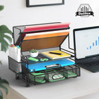 5 Tier Desk Organizer with Drawer & Pen Holders, Desk File Organizer Letter Tray Paper Organizer, Black
