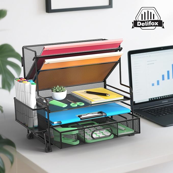 5 Tier Desk Organizer with Drawer & Pen Holders, Desk File Organizer Letter Tray Paper Organizer, Black
