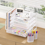 Desk Organizers and Accessories, 5-Tier Paper File Organizer with Drawer & Pen Holder, Office Desk Accessories Workspace Desktop Organizer for Office Supplies (White)