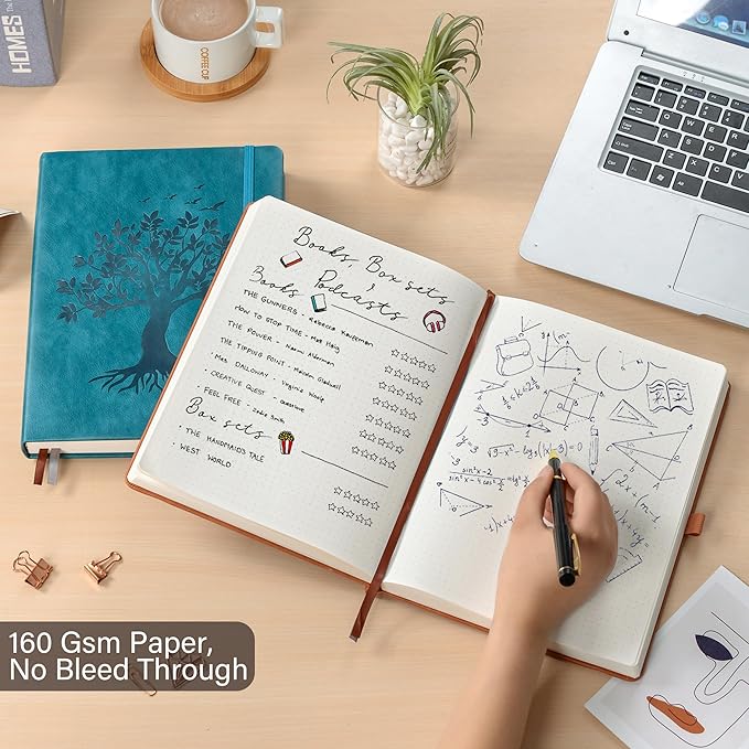 ZXHQ A5 Bullet Dotted Journal Notebook - 150gsm Thick Paper, 256 Pages, Dot Grid Hardcover, Tree of Life Design, Fine Inner Pocket - 5.9" × 8.5" SeaGreen