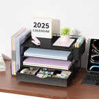 Wood Desk Organizers and Accessories with File Holder, 4-Tier Desk Accessories & Workspace Organizers with Drawer and Pen Holder, Paper Organizer for Office Supplies (Black)